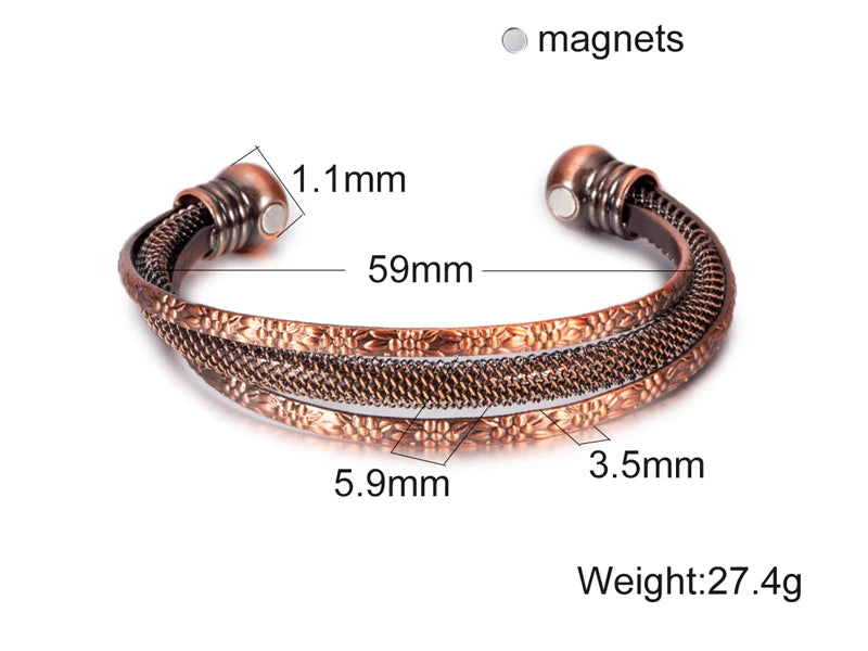 Vinterly Vintage Pure Copper Magnetic Cuff Bracelet, Adjustable for Men & Women