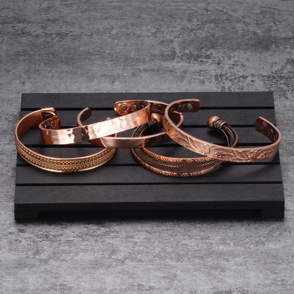 Vinterly Vintage Pure Copper Magnetic Cuff Bracelet, Adjustable for Men & Women