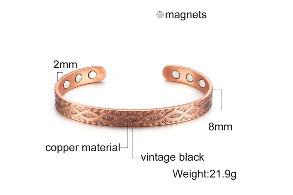 Women’s Pure Copper Magnetic Cuff Bracelet, Adjustable, 8.3mm Wide