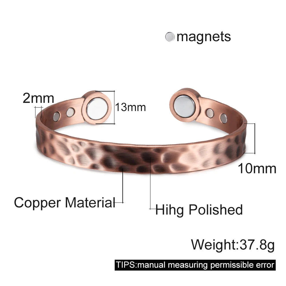 Vinterly Vintage Pure Copper Magnetic Cuff Bracelet, Adjustable for Men & Women