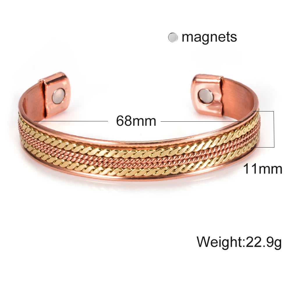 Women’s Twisted Pure Copper Magnetic Cuff Bracelet, Adjustable, 11mm Wide