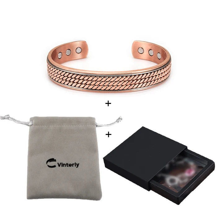 Vinterly Men’s Twisted Pure Copper Magnetic Cuff Bracelet, Adjustable, 12mm Wide