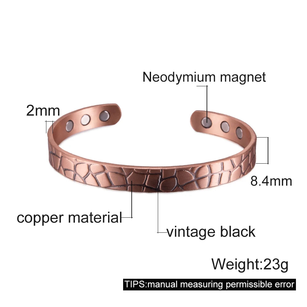 Women’s Pure Copper Magnetic Cuff Bracelet, Adjustable, 8.3mm Wide