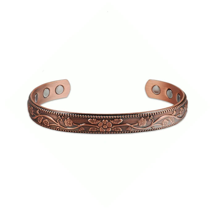 Women’s Adjustable Magnetic Copper Bracelet with Vintage Floral Design, 9mm