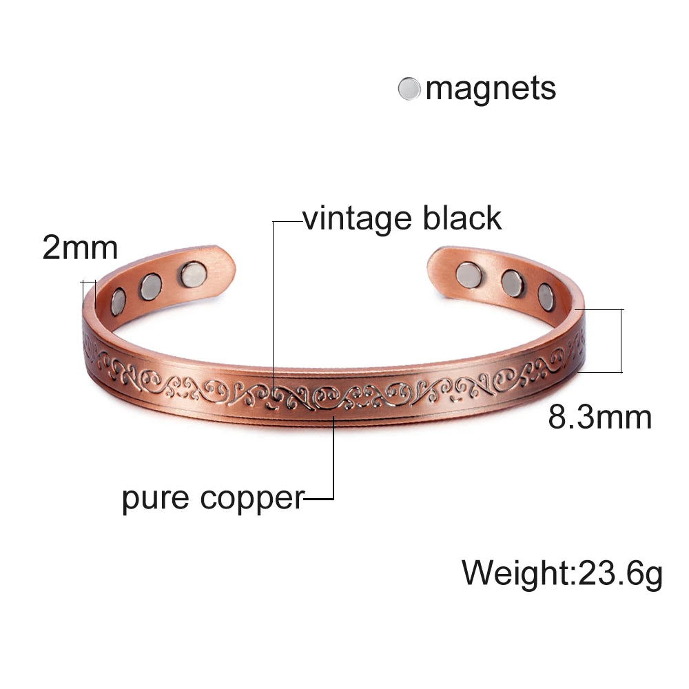 Vinterly Vintage Pure Copper Magnetic Cuff Bracelet, Adjustable for Men & Women