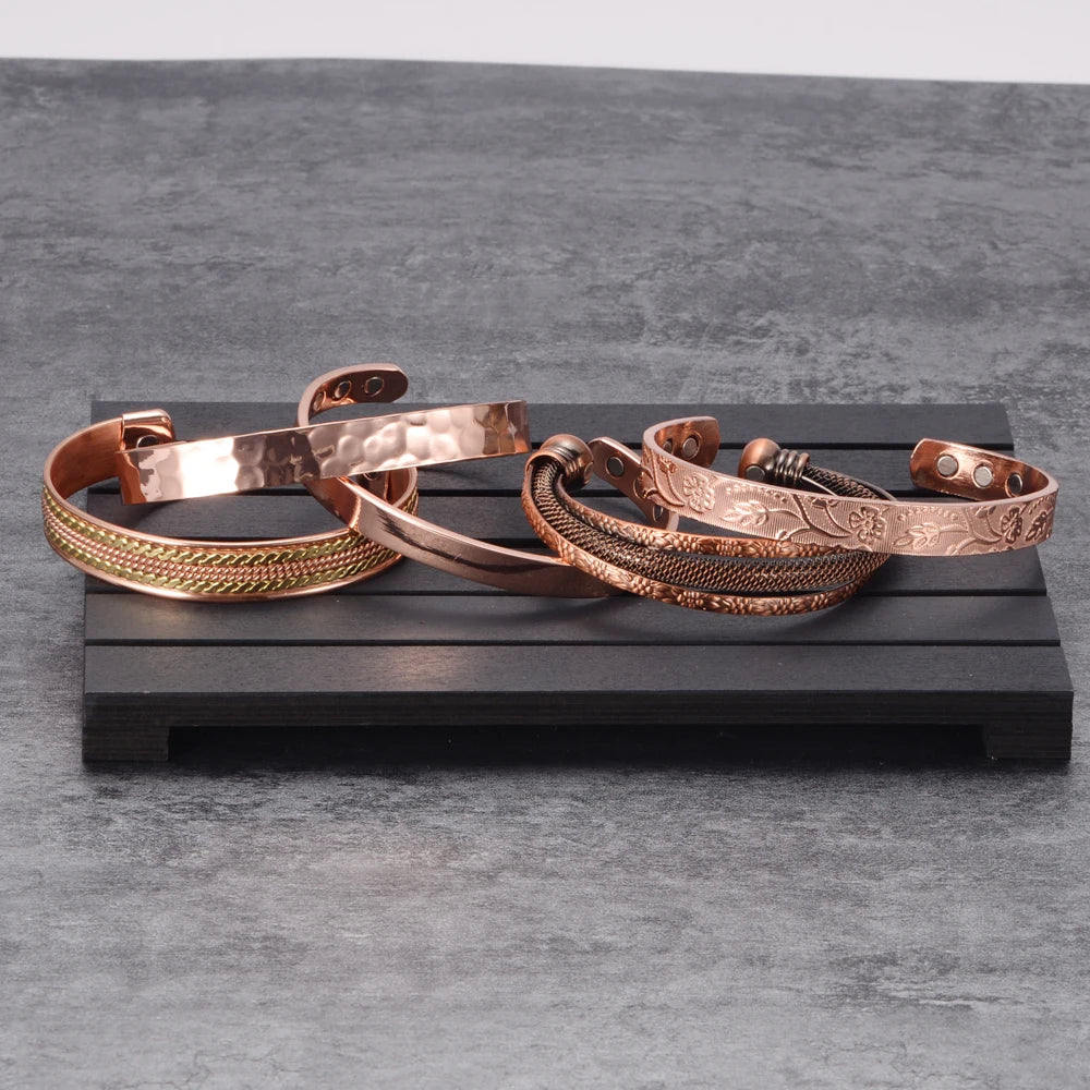 Vinterly Vintage Pure Copper Magnetic Cuff Bracelet, Adjustable for Men & Women