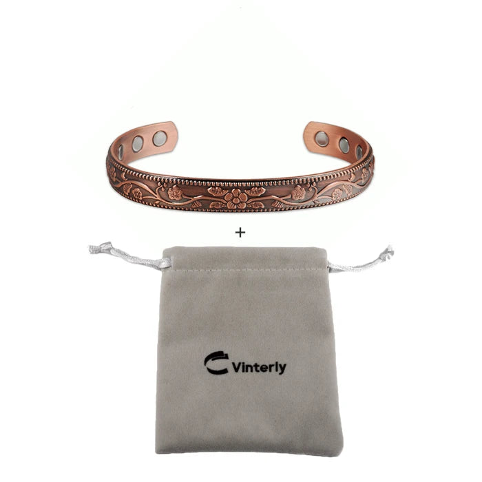 Women’s Adjustable Magnetic Copper Bracelet with Vintage Floral Design, 9mm