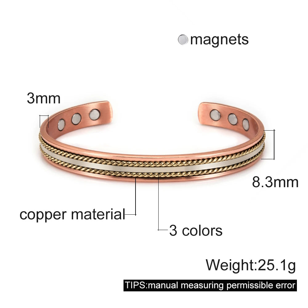 Women’s Pure Copper Magnetic Cuff Bracelet, Adjustable, 8.3mm Wide