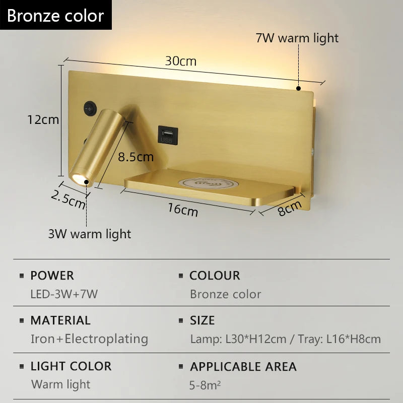 LED Wall Lamp Modern Multifunctional Iron Wall Lamp Living Room Bedroom Ndoor Lighting with Wireless Charging and USB Interface