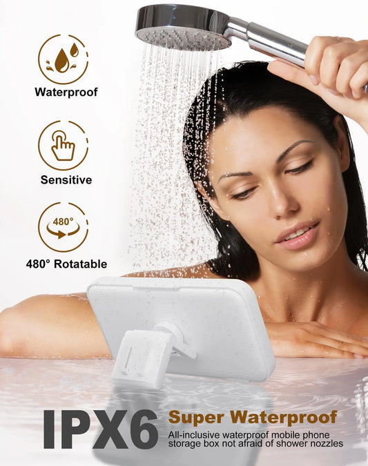 Shower Phone Holder with Speaker 480 Rotation, Wall Phone Mount for Shower Waterproof Anti Fog Shower Case for 4-7" Phones