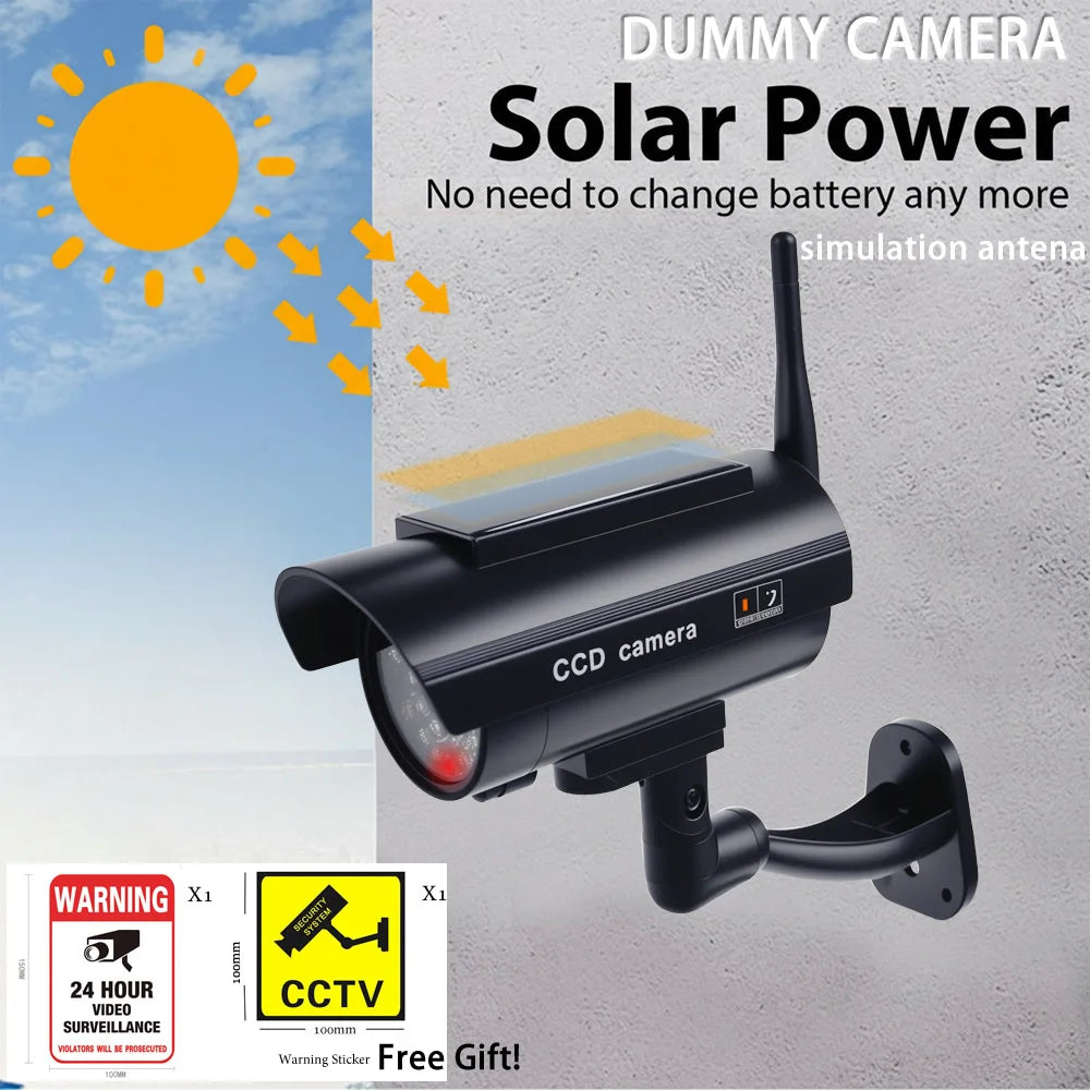Solar-Powered Dummy Security Camera with Antenna & Flashing Red LED, Waterproof