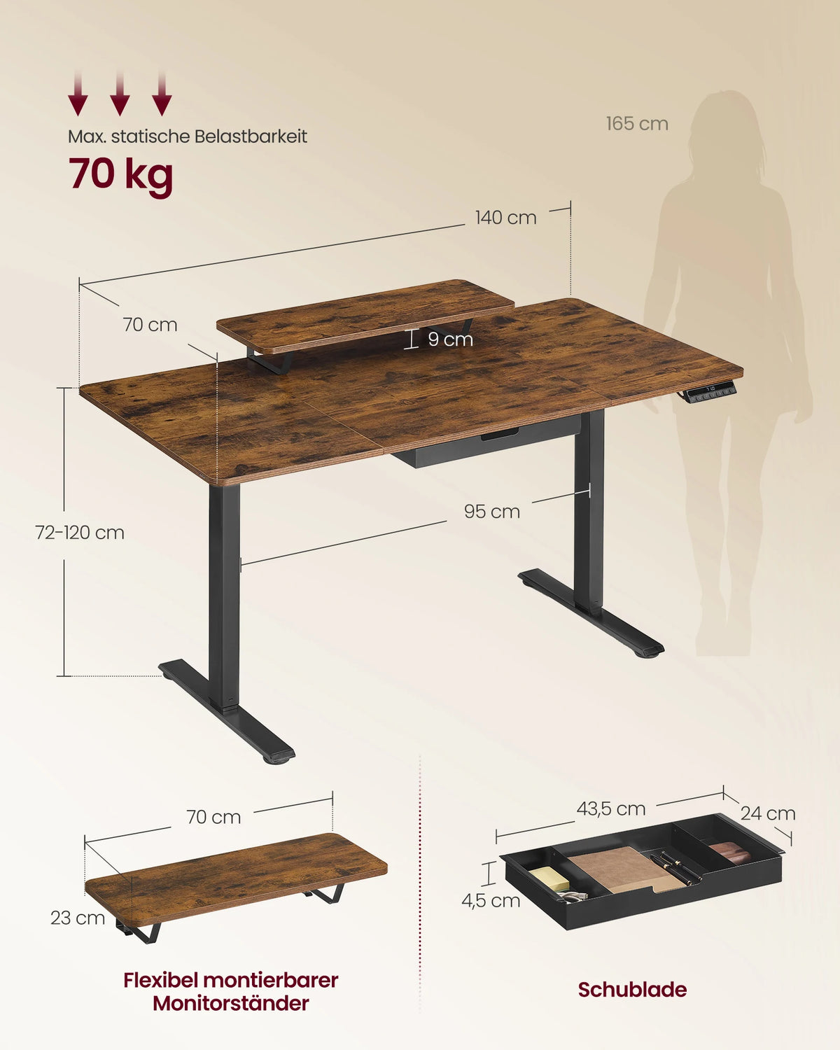 VASAGLE Height-Adjustable Desk with Monitor Stand, Drawer & Sitting Reminder