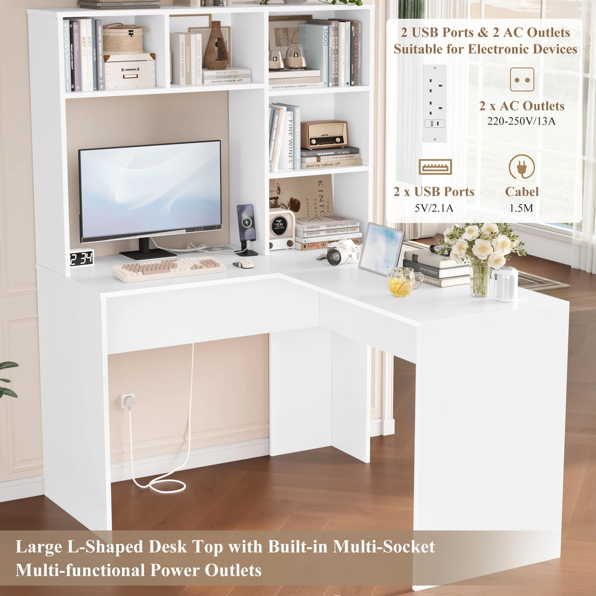 Getone Desk Corner Desk White L Shaped Computer Table Office table for Study Home Office 124.7X107.8X152.5 cm