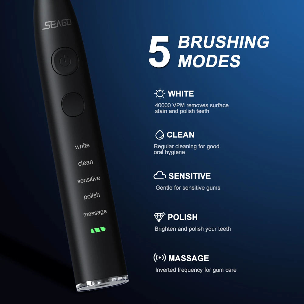 Seago SG-575 USB Rechargeable Electric Toothbrush with 4 Replacement Heads & Travel Case