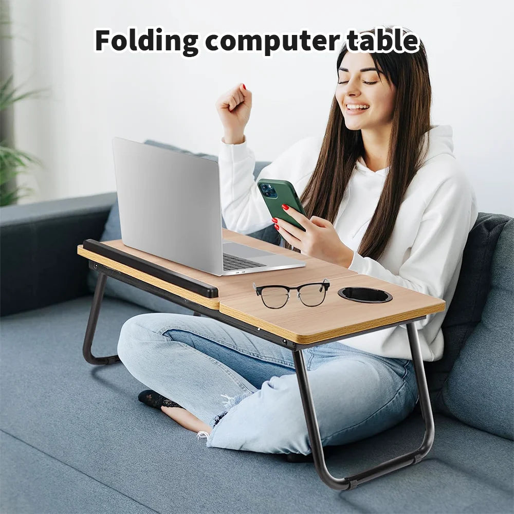 Folding Laptop Desk for Bed & Sofa with 5-Level Height Adjustment & Cup Holder