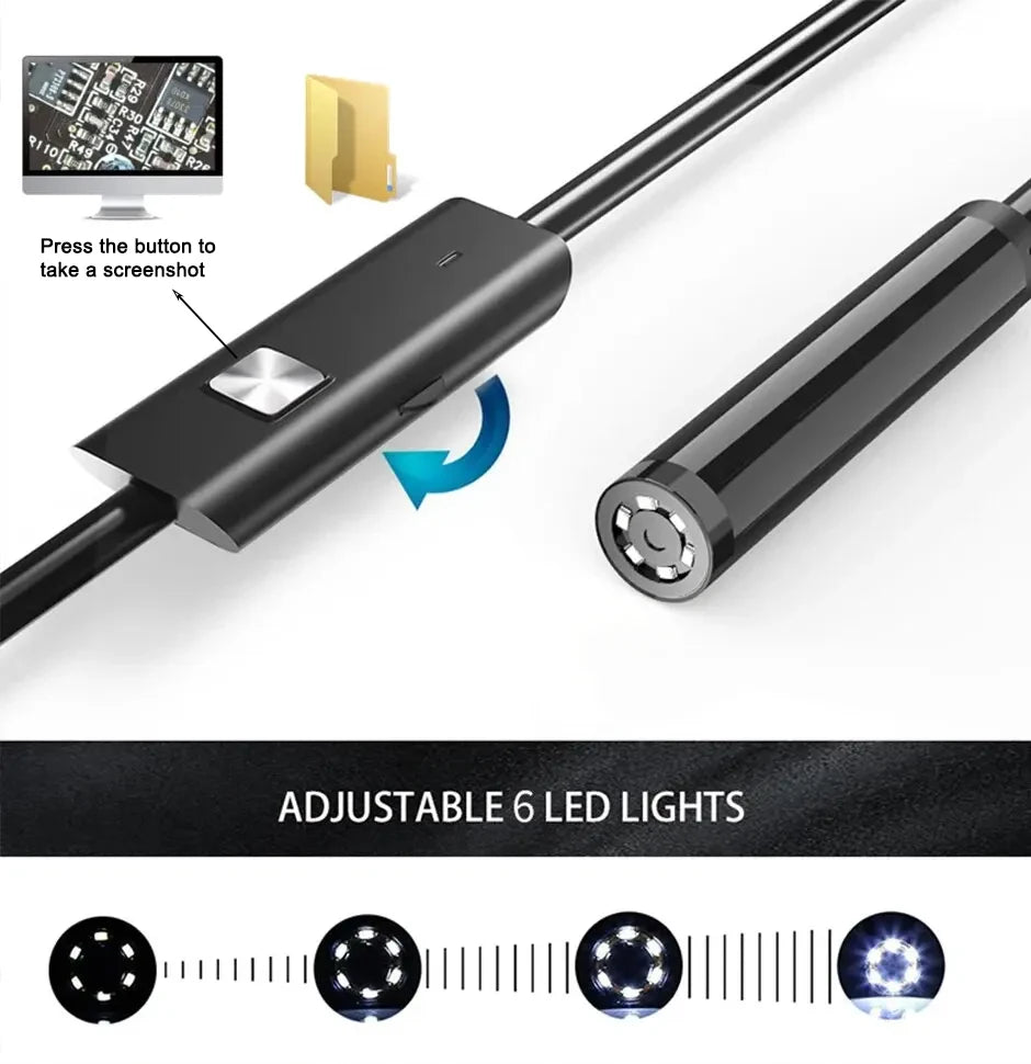 Endoscope Camera Android Type C PC 7MM USB Waterproof Borescope Camera for Car Scenarios 1-10m Car Inspection 6 Led Lights