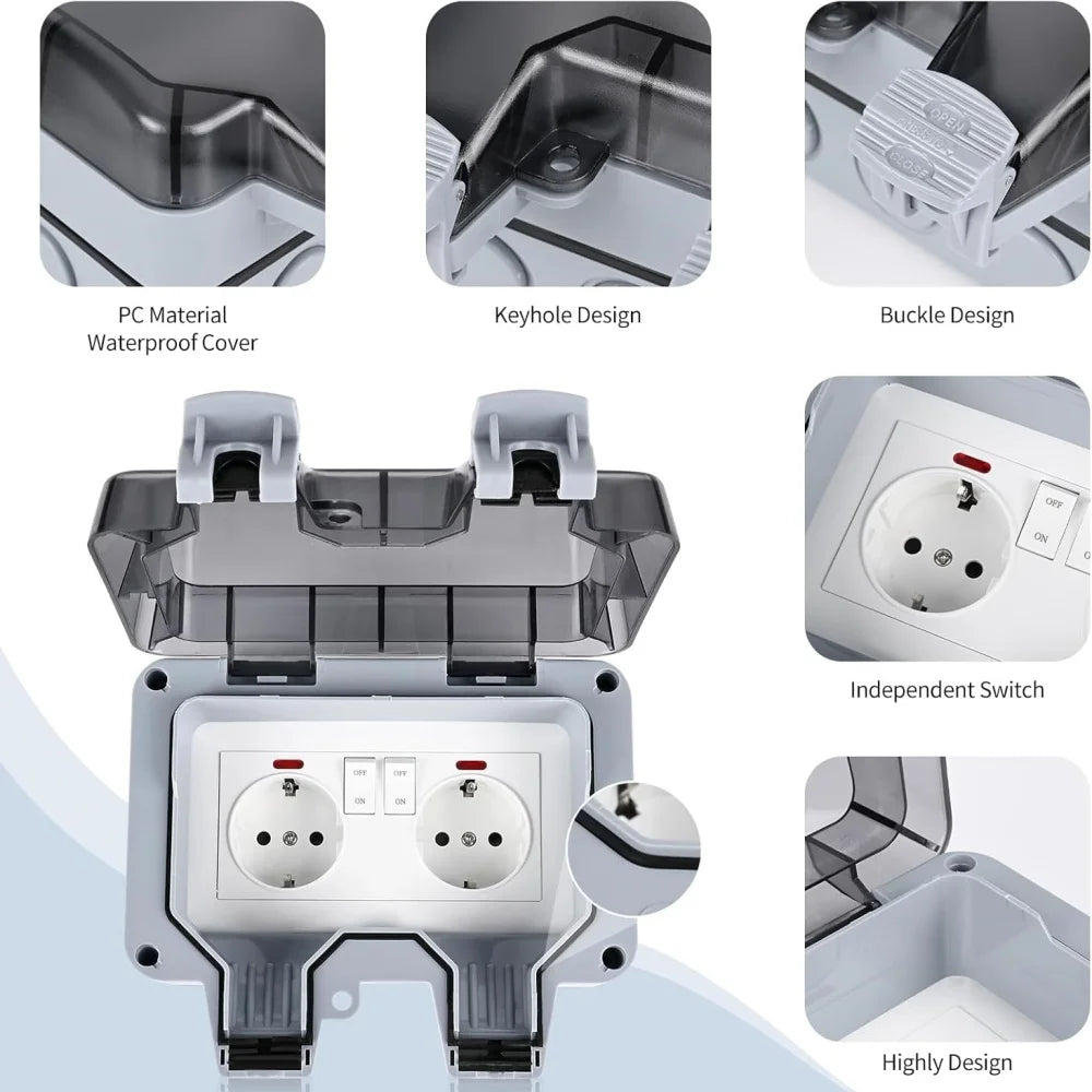 EIOMR Waterproof Socket Box, IP66 Rated Water EU French UK Universal Standard Power Plug Perfect for Outdoor, Bathroom, Kitchen