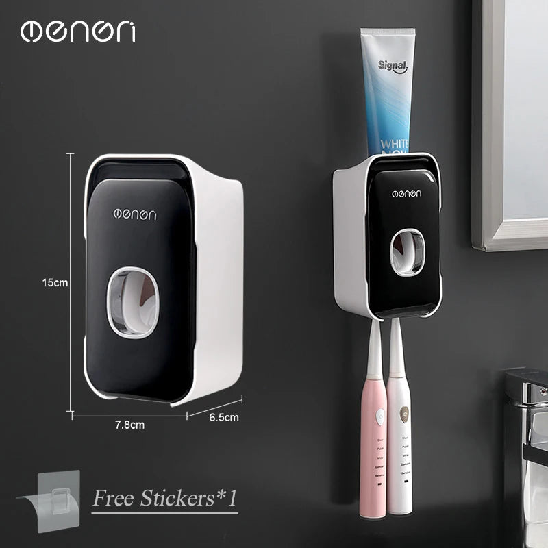 MENGNI Wall-Mounted Toothpaste Dispenser & Toothbrush Holder, No-Drill Installation