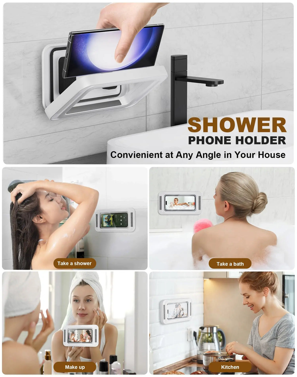 Shower Phone Holder with Speaker 480 Rotation, Wall Phone Mount for Shower Waterproof Anti Fog Shower Case for 4-7" Phones
