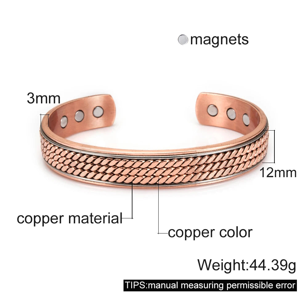 Vinterly Men’s Twisted Pure Copper Magnetic Cuff Bracelet, Adjustable, 12mm Wide