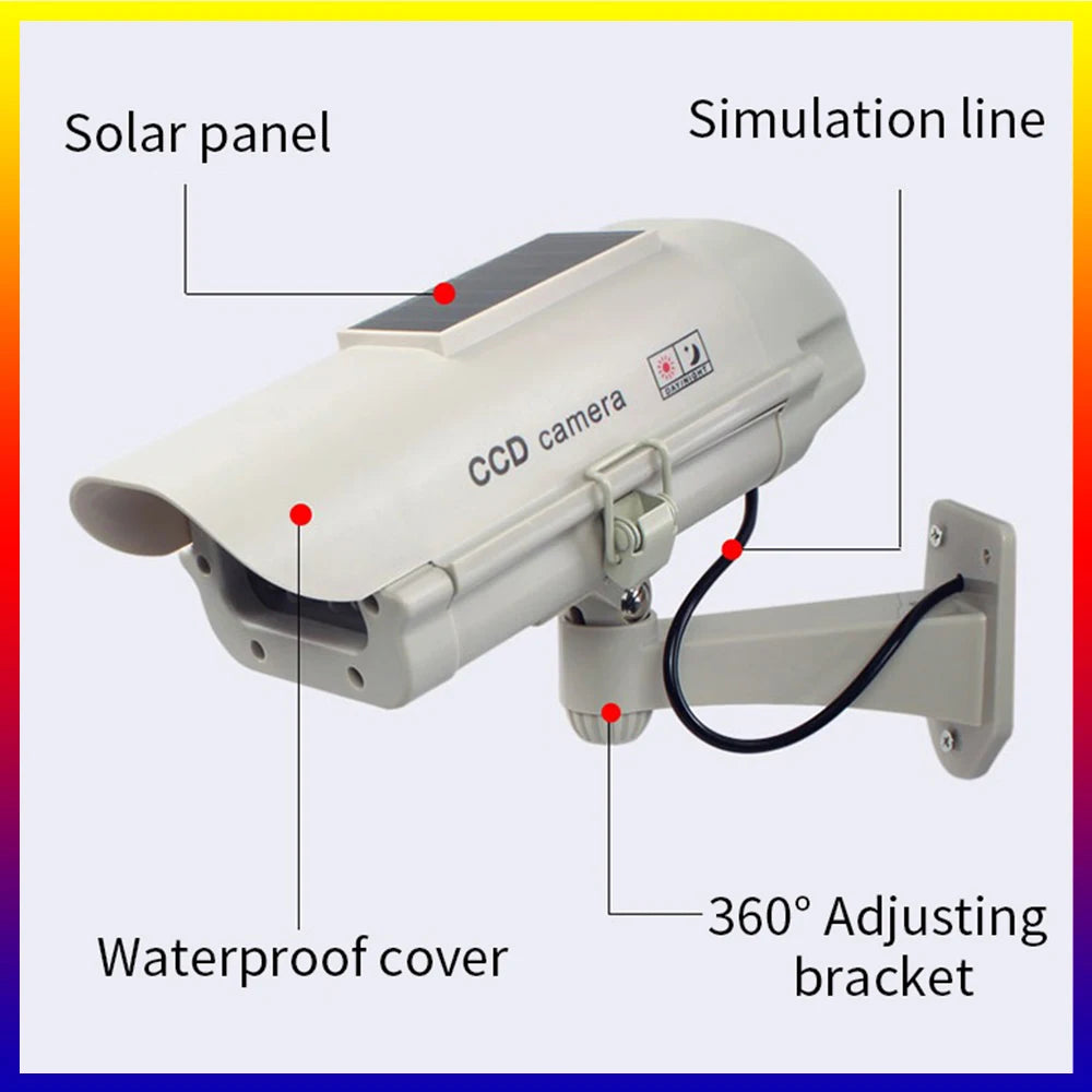 Solar-Powered Dummy Security Camera with Flashing Red LED, Waterproof
