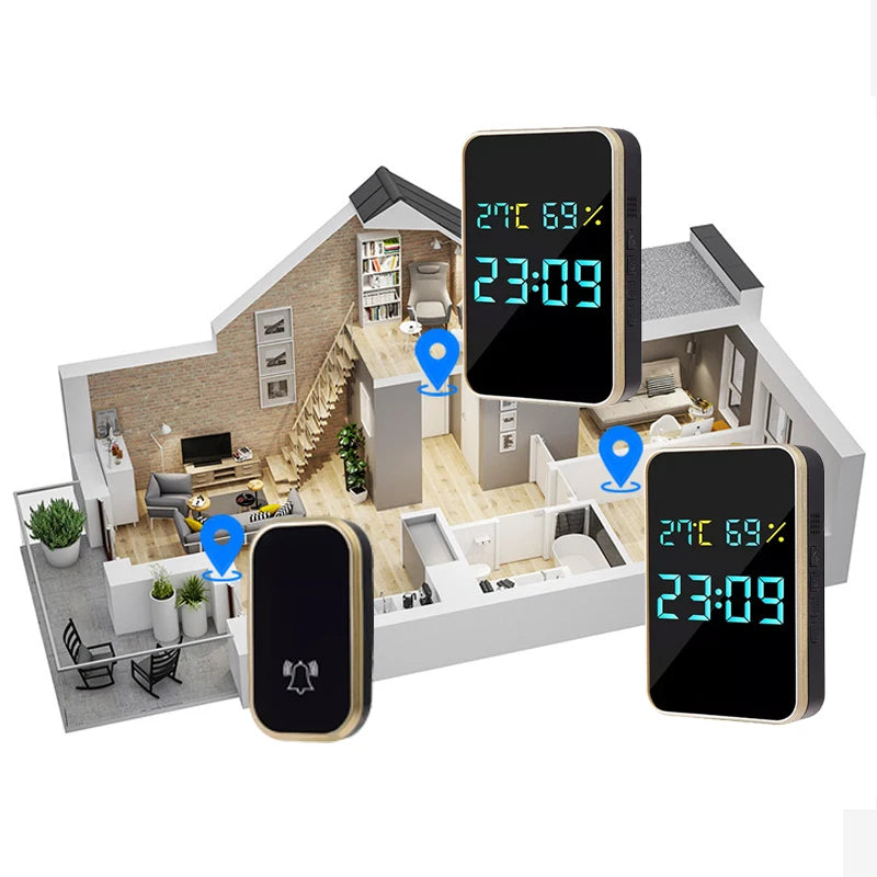 Wireless Doorbell No Battery Self Powered Door Bell Display Temperature Humidity Time 433mhz Home Outdoor Welcome Ring Chime