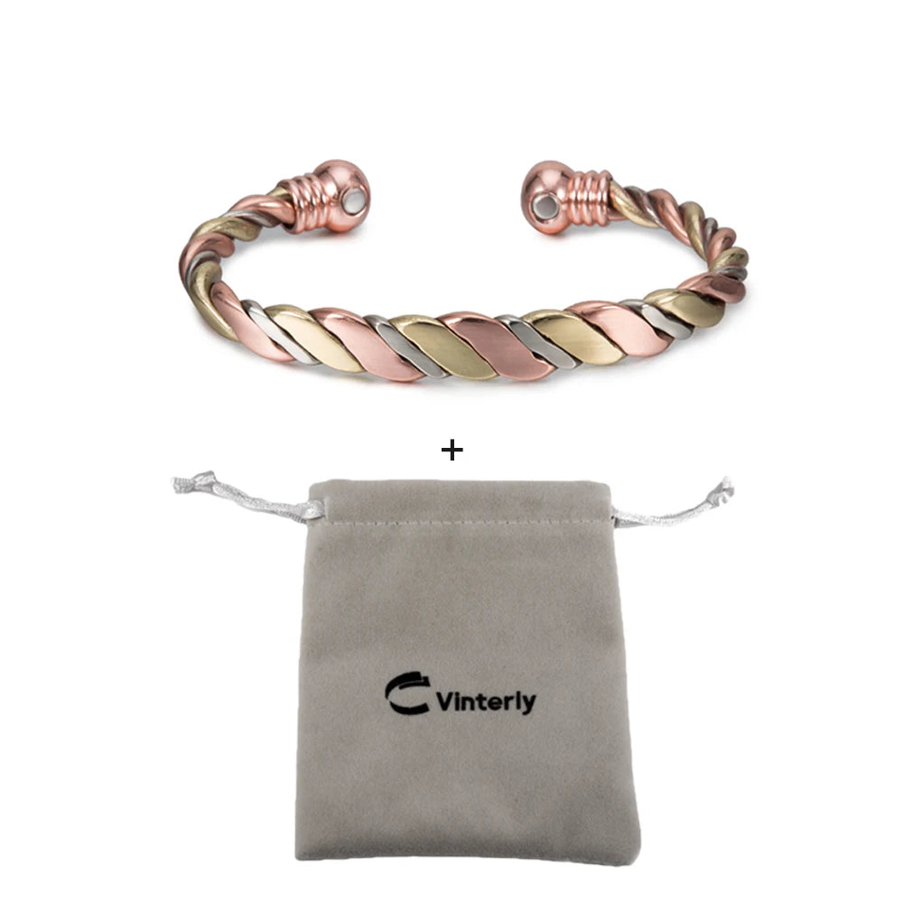 Vinterly Women’s Twisted Copper Magnetic Cuff Bracelet, Adjustable, Rose Gold Tone
