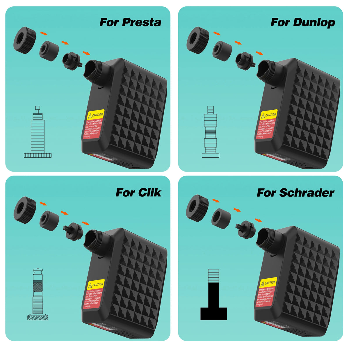 Electric Bike Pump 120PSI Tire Inflator with 4 in 1 Valves Presta Schrader Dunlop & Clik Valves Brushless Motor Digital Gauge