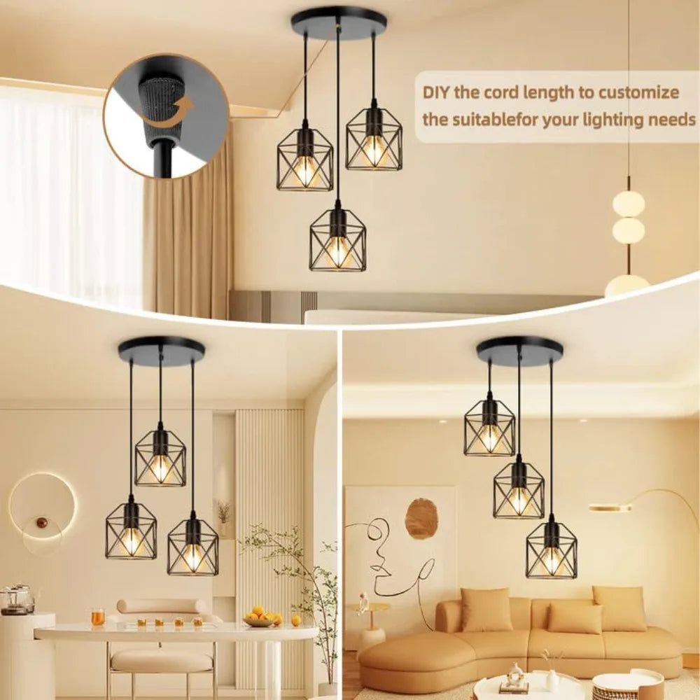Industrial 3-Light Chandeliers with Metal Caged Living Room Pendant Light Black Hanging Light Fixtures for Dining Room Bedroom