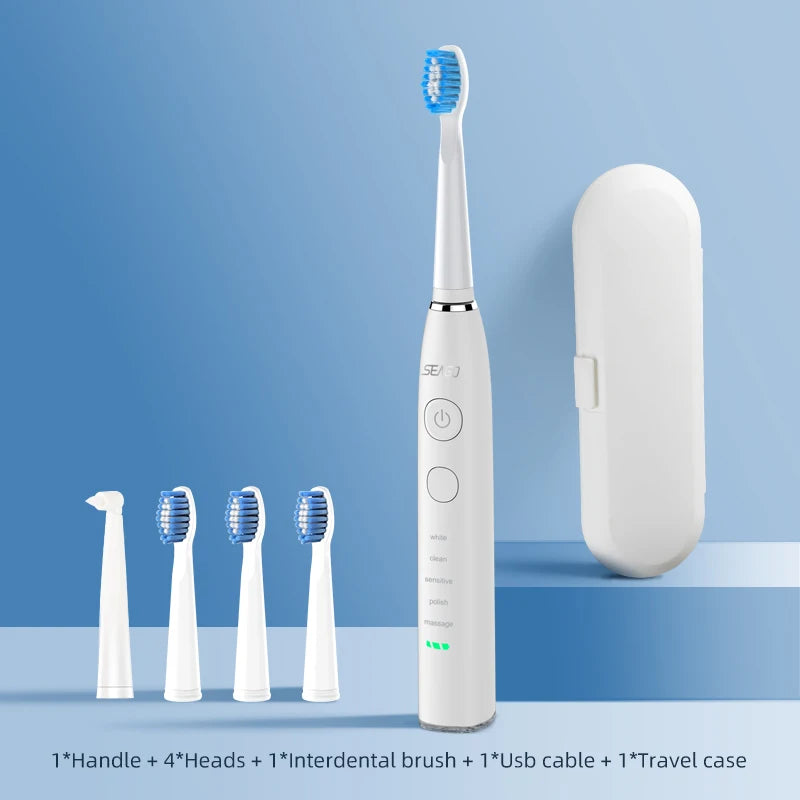Seago SG-575 USB Rechargeable Electric Toothbrush with 4 Replacement Heads & Travel Case