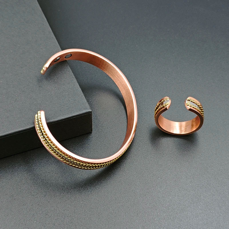 Vintage Pure Copper Magnetic Bracelet & Ring Set, Adjustable for Men & Women