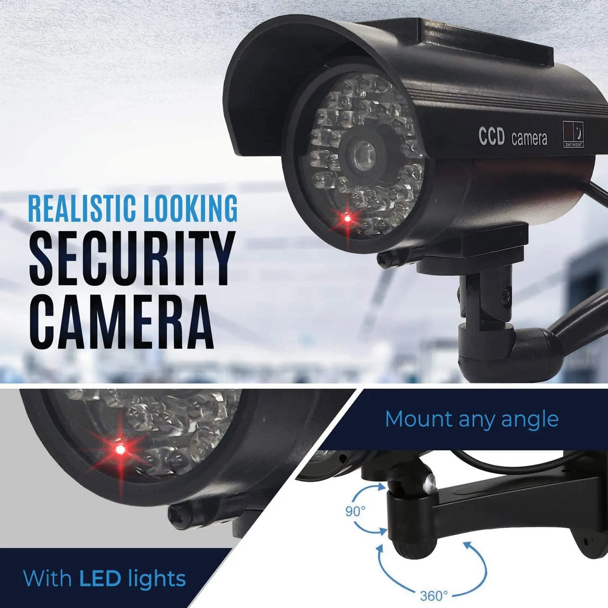 Solar-Powered Dummy Security Camera with Antenna & Flashing Red LED, Waterproof