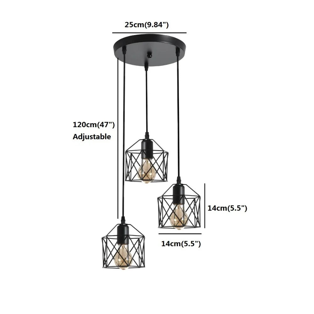 Industrial 3-Light Chandeliers with Metal Caged Living Room Pendant Light Black Hanging Light Fixtures for Dining Room Bedroom