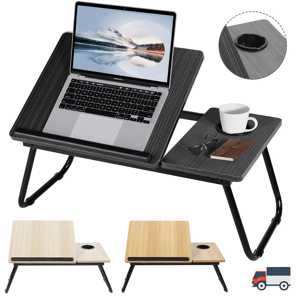 Folding Laptop Desk for Bed & Sofa with 5-Level Height Adjustment & Cup Holder