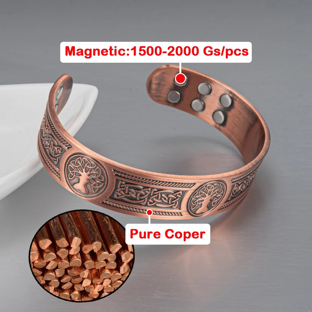 Vinterly Pure Copper Magnetic Cuff Bracelet with Viking Yggdrasil Design, Adjustable, 15mm Wide