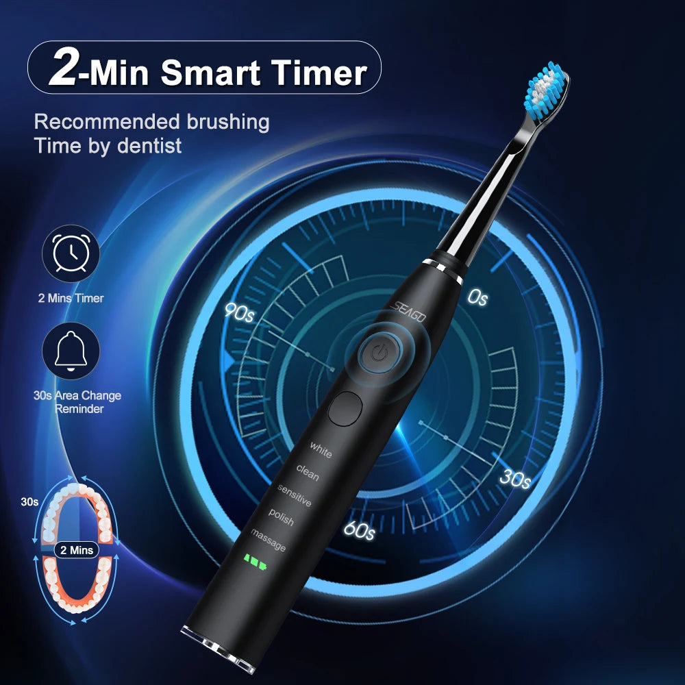 Seago SG-575 USB Rechargeable Electric Toothbrush with 4 Replacement Heads & Travel Case