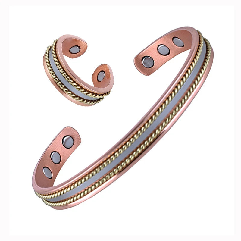 Vintage Pure Copper Magnetic Bracelet & Ring Set, Adjustable for Men & Women