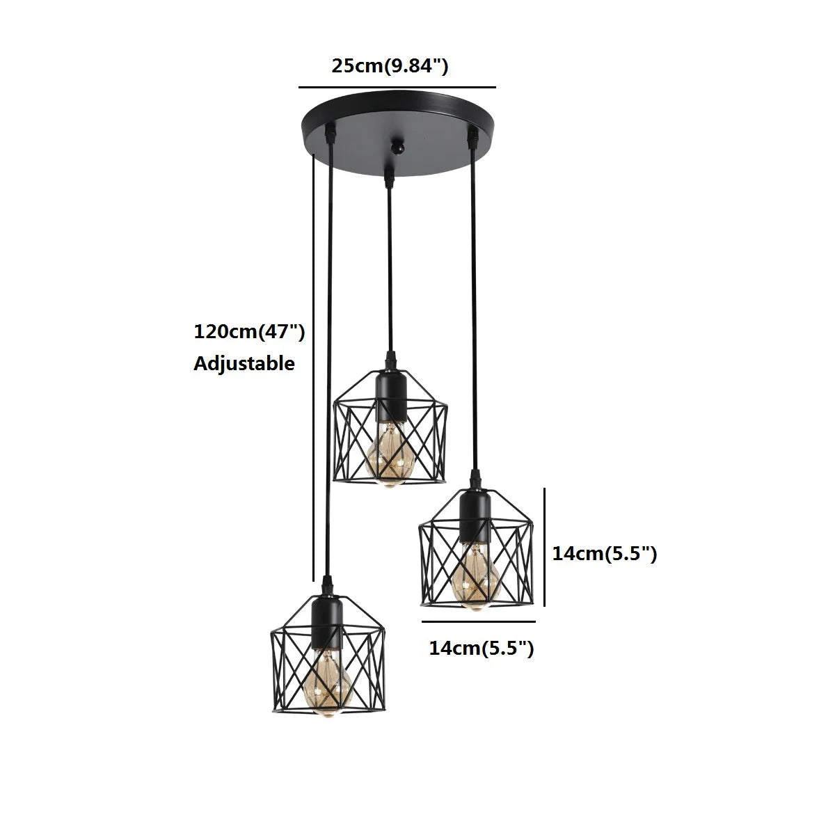 Industrial 3-Light Chandeliers with Metal Caged Living Room Pendant Light Black Hanging Light Fixtures for Dining Room Bedroom