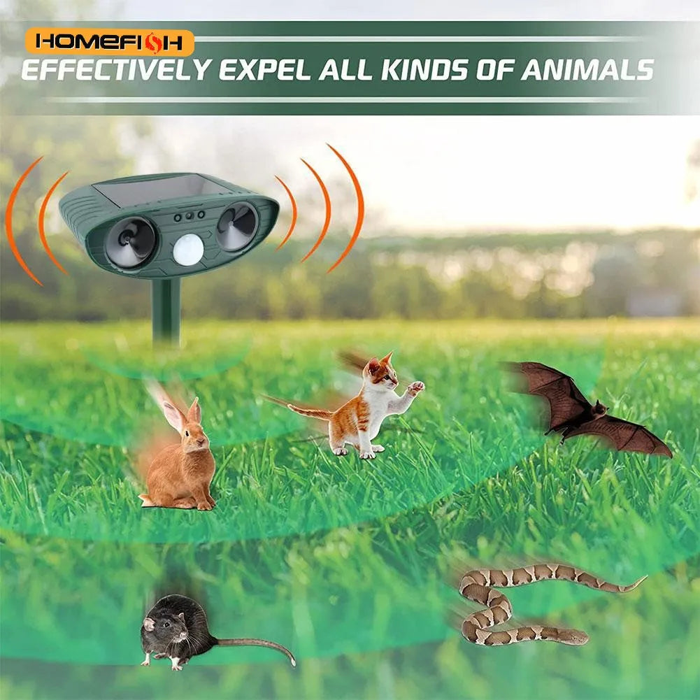 HOMEFISH Ultrasonic Repeller – Solar-powered cat and dog repeller – Suitable for gardens and farms – Repels animals