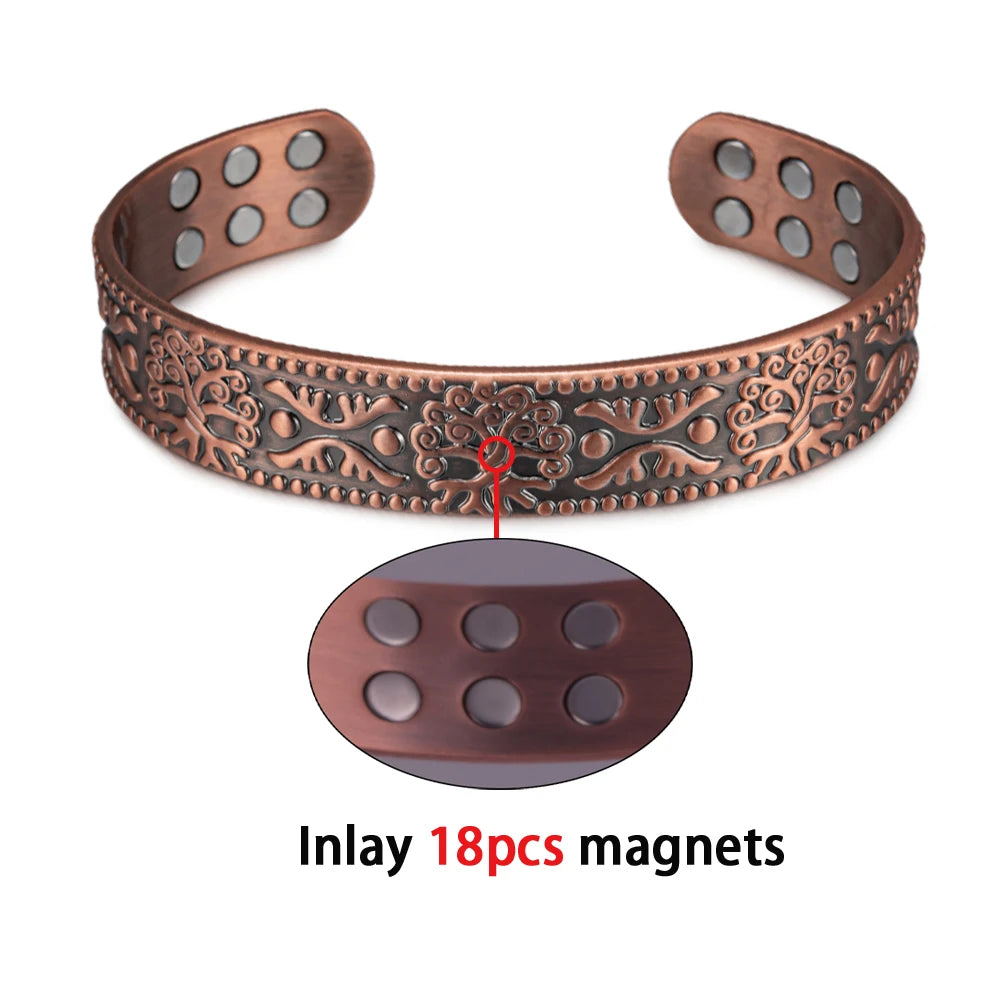 Vinterly Pure Copper Magnetic Cuff Bracelet with Viking Yggdrasil Design, Adjustable, 15mm Wide