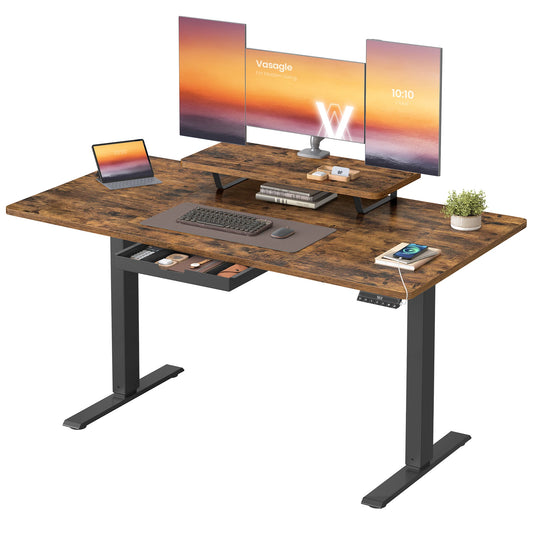 VASAGLE Height-Adjustable Desk with Monitor Stand, Drawer & Sitting Reminder