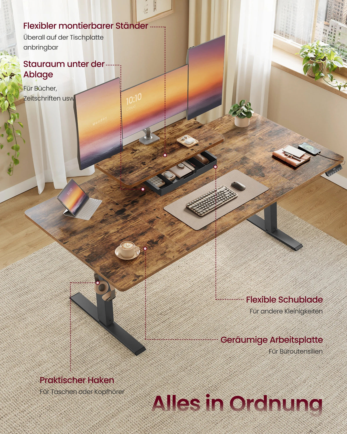 VASAGLE Height-Adjustable Desk with Monitor Stand, Drawer & Sitting Reminder