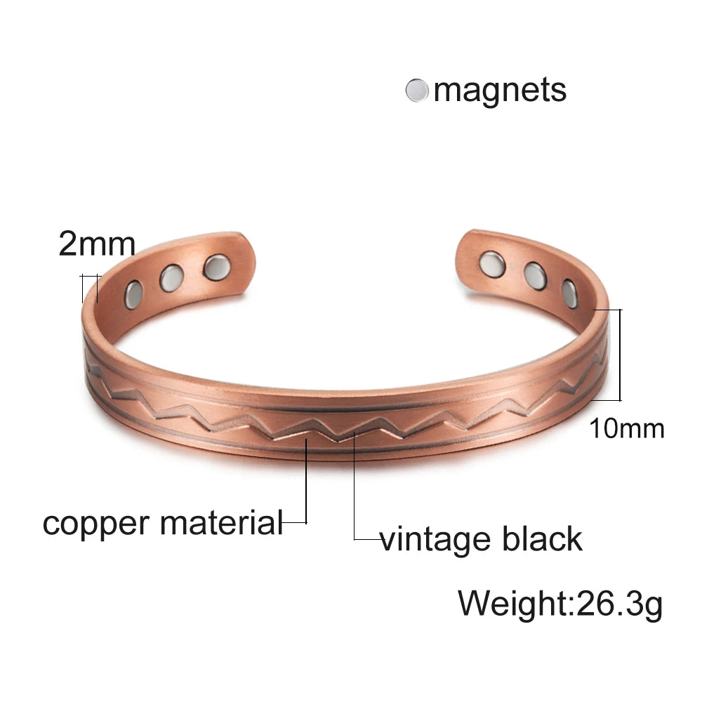Vinterly Vintage Pure Copper Magnetic Cuff Bracelet, Adjustable for Men & Women