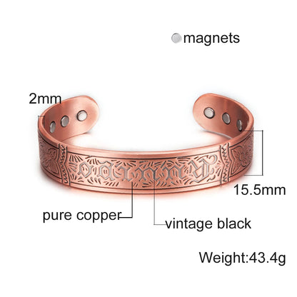 Vinterly Vintage Pure Copper Magnetic Cuff Bracelet, Adjustable for Men & Women