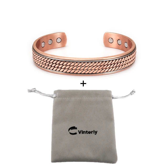 Vinterly Men’s Twisted Pure Copper Magnetic Cuff Bracelet, Adjustable, 12mm Wide