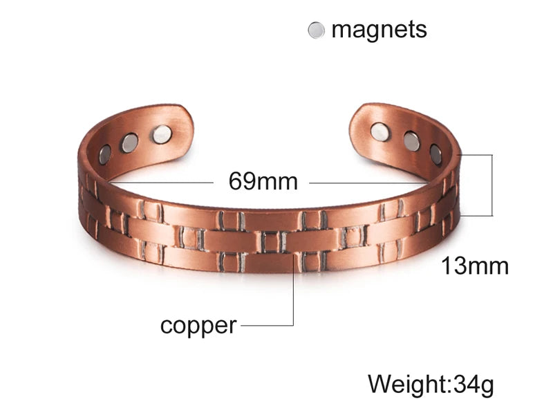 Vinterly Vintage Pure Copper Magnetic Cuff Bracelet, Adjustable for Men & Women