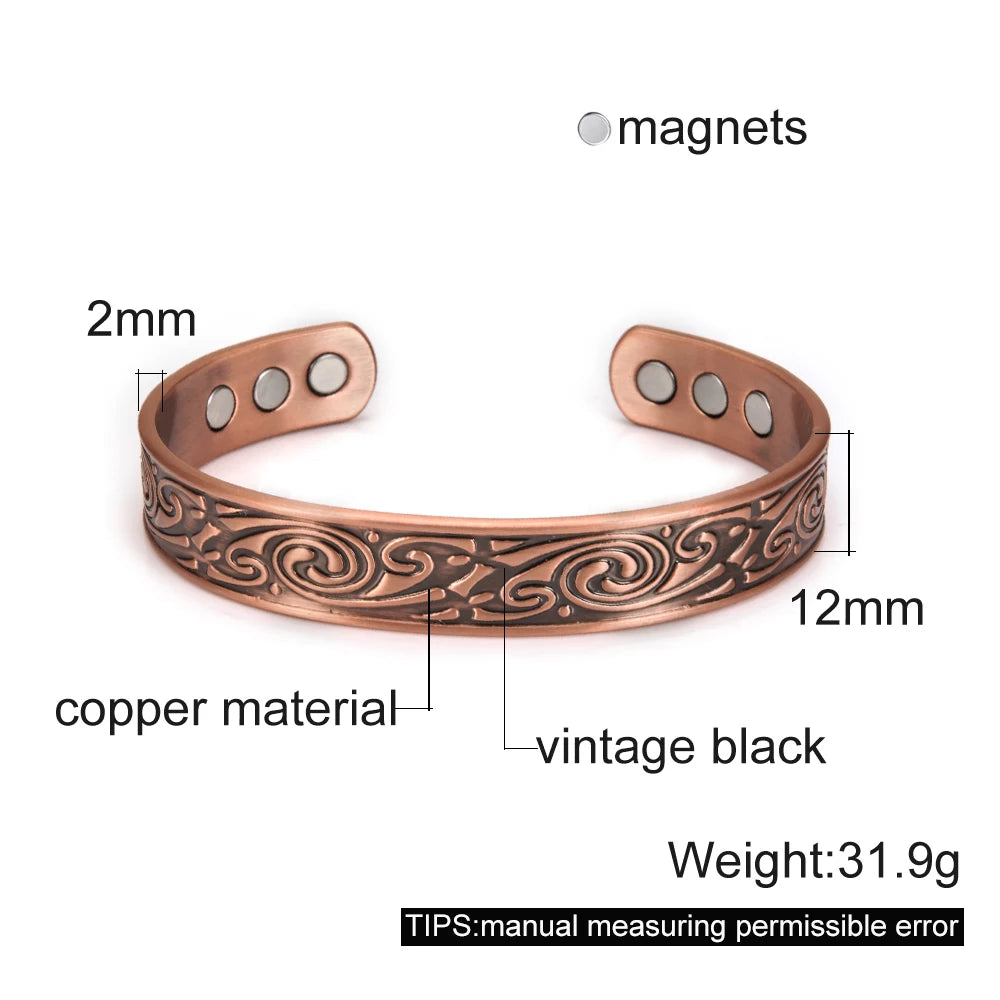 Vinterly Vintage Pure Copper Magnetic Cuff Bracelet, Adjustable for Men & Women