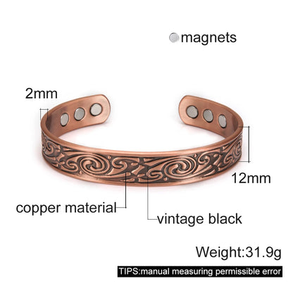 Vinterly Vintage Pure Copper Magnetic Cuff Bracelet, Adjustable for Men & Women