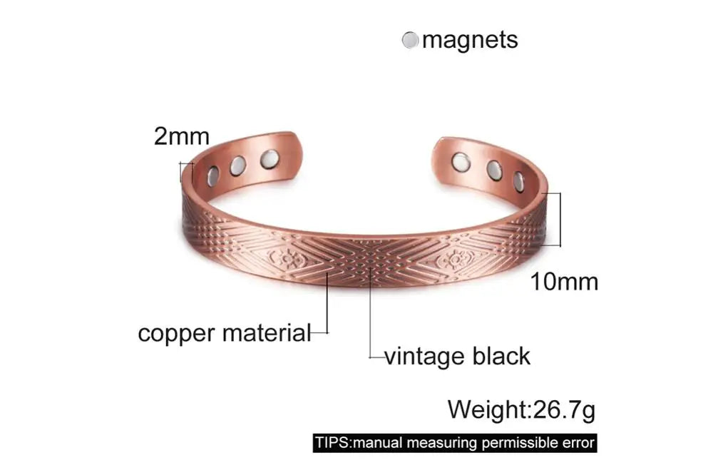 Vinterly Vintage Pure Copper Magnetic Cuff Bracelet, Adjustable for Men & Women