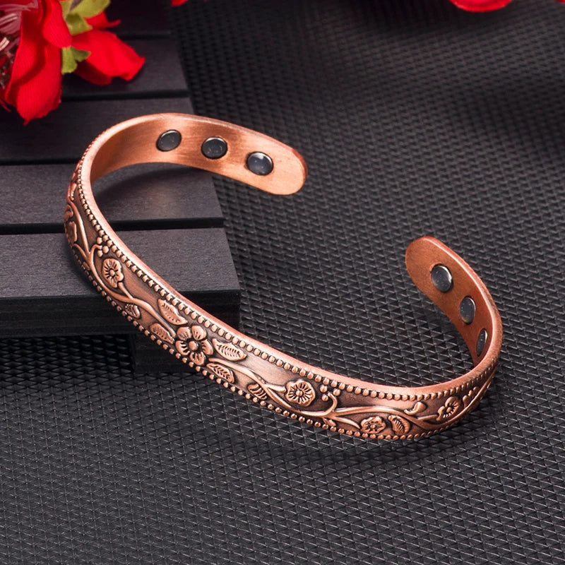 Women’s Adjustable Magnetic Copper Bracelet with Vintage Floral Design, 9mm